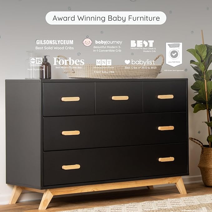 dadada Soho 5-Drawer Dresser for Nursery and Bedroom - Modern Design, Large Storage, Baby-Safe Finish, Soft Close Drawers, Anti-Tip Safety, Sturdy Legs & Solid Wood Handles, 47” Wide (Black+Natural)