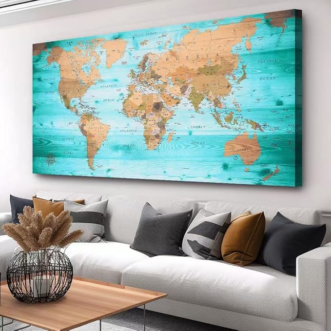 Large Wall Art Blue map of The World Painting Ready to Hang 20"x40"Large Framed Wall Art World Map Canvas Map Decorations Artwork Prints
