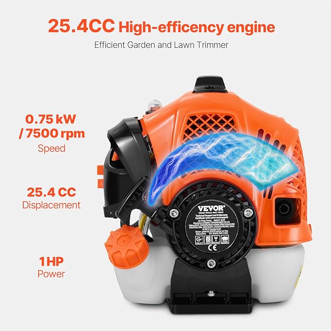 VEVOR String Trimmer, 25.2CC 2-Stroke, Gas Powered Weed Wacker, 16.9" Cordless Grass Trimmer, Multi-Functional Lawn Edger with Shoulder Strap & 3T Blade, Weed Eater for Quick Grass Cleaning