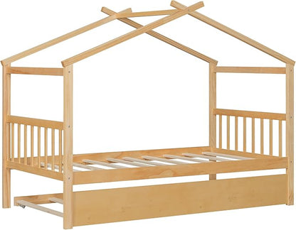 Harper & Bright Designs Twin House Bed for Kids, Wood Platform Bed with Trundle, Montessori Bed with Roof, Playhouse Trundle Beds for Kids,Teens, Bedroom, Natural