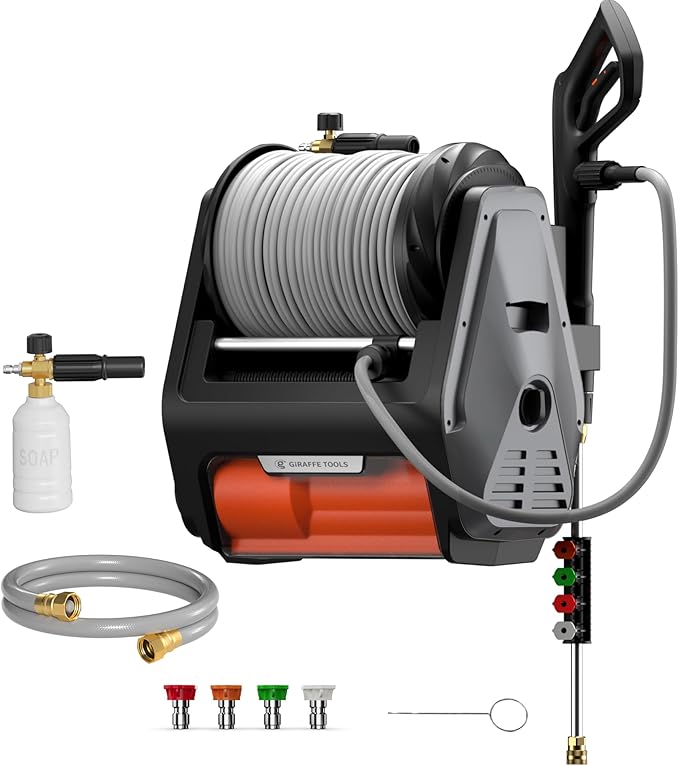 Giraffe Tools Grandfalls Retractable Pressure Washer Pro, Wall Mounted Pressure Washer with 1800W Brushless Motor, 3700PSI Electric Power Washer with 100ft Pressure Hoses, Dark Silver