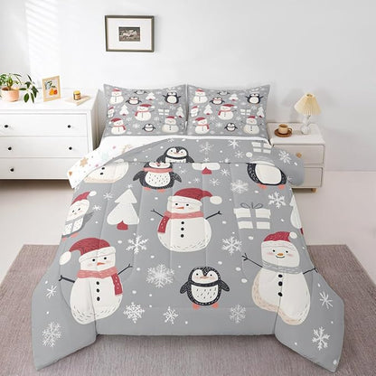Feelyou Christmas Comforter Set King Size Snowman Snowflake Bedding Set for Kids Boys Girls Penguin Duvet Quilt New Year Gift Bedroom Decor Microfiber 3 Pcs with 2 Pillow Cases