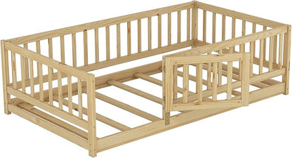 Twin Size Floor Bed Frame with Door and Slats,Montessori Floor Bed with Safety Guardrails for Girls Boys,Solid Wood Kids Montessori Bed Twin Size,Natural