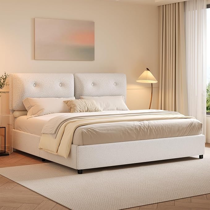 King Bed Frames,Breathable Boucle Fabric Upholstered Bed Frame with Headboard,Removable and Washable,Wood Slat Support,No Box Spring Needed,Easy Assembly,White