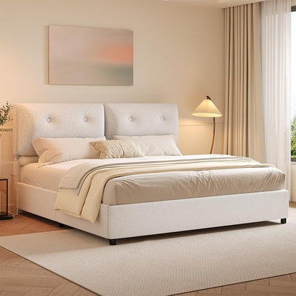 King Bed Frames,Breathable Boucle Fabric Upholstered Bed Frame with Headboard,Removable and Washable,Wood Slat Support,No Box Spring Needed,Easy Assembly,White