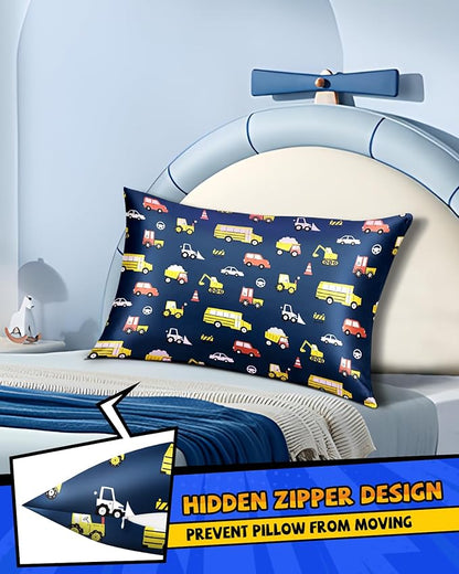 Silk Pillowcase for Kids - 30 x 20 Inches Queen Size Mulberry Silk Pillow Case with Zipper Cute Cartoon Kawaii Teens Girls Boys Pillowcase for Hair and Skin, Red Yellow Car
