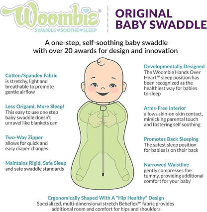 Woombie Original Baby Swaddling Blanket - Soothing, Cotton Zippered Swaddle - Wearable Newborn Blanket, Mint Alphabet, 14-19 lbs