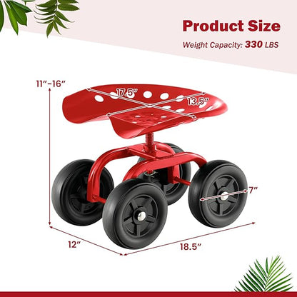 LDAILY Garden Seat with Wheels, Heavy-Duty Utility Stool Cart with Adjustable 11"-16" Height & 360° Rotatable, Rolling Garden Cart with Seat for Lawn Planting, Yard Work, Patio Gardening (Red)