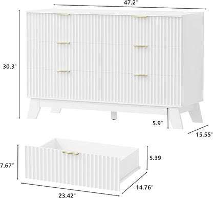 6 Drawer Dresser for Bedroom, Fluted White Dresser Chest of Drawers with Gold Handle, Mid Century Modern Dressers for Closet, Bedroom Chest Storage Organizer for Living Room, Hallway