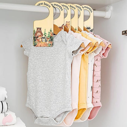 Whaline 8Pcs Woodland Design Hanging Wooden Baby Closet Size Dividers and Organizer - Newborn to 24 Months - Thicken Wardrobe Organizer for Home Nursery Clothes Decor