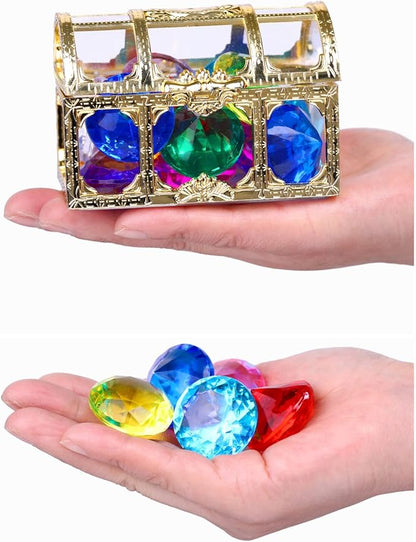 Diving gem Pool Toys Sand Toys,14 Color Diamond Treasure Chest Summer Swimming gems Pirate Diving Toy Set Underwater Swimming toyChildren's Game Gifts for Boys and Girls(Golden)
