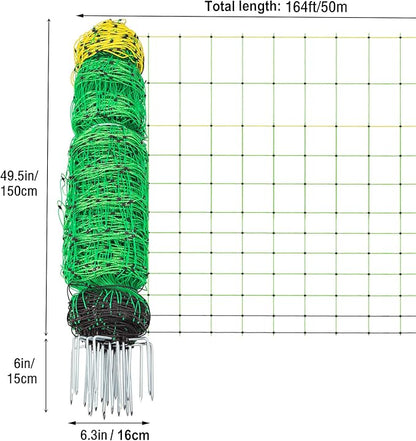 TMEE Electric Fence Netting Livestock Fencing for Goat with 14 Posts Double Spiked, Portable Mesh for Sheep, Deer, Hogs, Dogs in Backyards, Farms and Ranches, 49.6" H x 164' L, Green