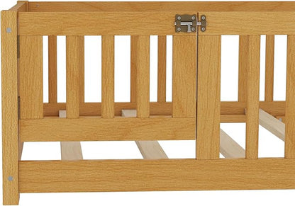 Bellemave Twin Size Floor Bed with Rails for Kids, Girls, Boys, Pine,Plywood Floor Bed with slats and Door, Natural