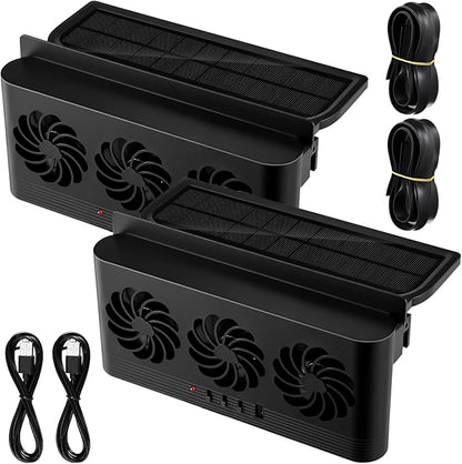 2 Pack Solar Powered Car Exhaust Fan 3 Fans Car Window Air Vent Radiator Solar Energy Cooling Vent Exhaust for General Types(Solar & Battery & USB 3 Fans,Black)
