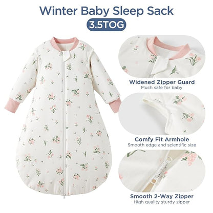 Duomiaomiao 3.5 TOG Baby Sleep Sack Cotton Winter Long Sleeve Baby Wearable Blanket, Super Warm Quilted Comfy Toddler Sleeping Sack