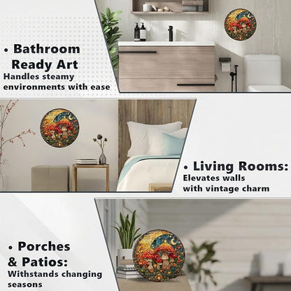 Vintage Mushroom Round Metal Sign Retro Tin Sign Nostalgic Rustic Wall Decor Decorations for Home Bedroom Living Room Cafe Bar Kitchen Yard Fence Door Outside Farmhouse 8 * 8 In