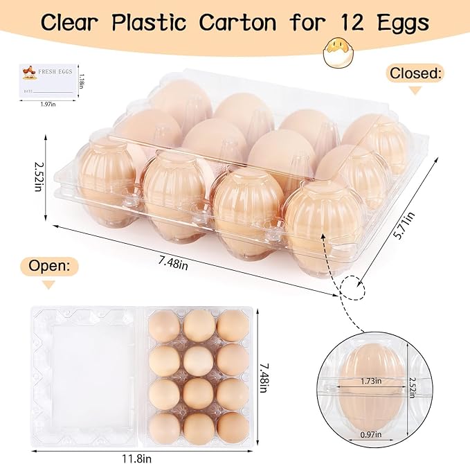 60 Packs Egg Cartons, Egg Cartons Cheap Bulk, Eggs 12 Count Clear Plastic Egg Containers for Chicken Farm, Reusable Egg Tray Holder for Family Refrigerator Storage, Market, Camping with Sticker Labels