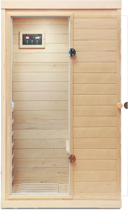1 Person Far Infrared Indoor Sauna Hemlock Mini Single Person Sauna for Home with LCD Display & Bluetooth on The Left of The Indoor, Natural