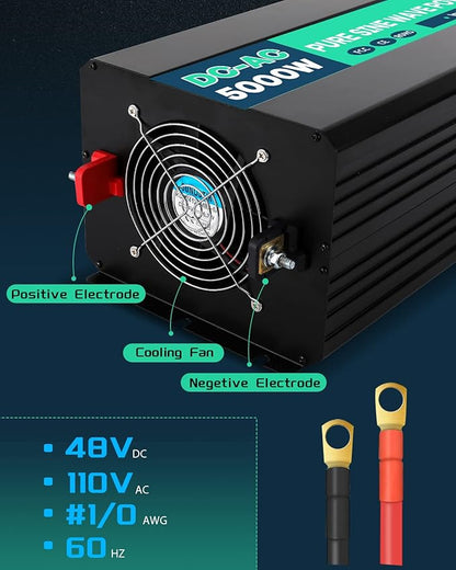 5000W 48V Pure Sine Wave Power Inverter 48V DC to 110V AC with Wireless Remote Control LCD Display 4 AC Outlets, 1 USB and Terminal Blocks for RV Truck Cabin Off Grid