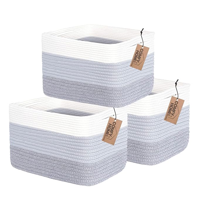 COMFY-HOMI 3PACK Cotton Rope Woven Basket With Handles for Shelves, Toy, Book, Cloth Storage Basket for Organizing|13.5" x 11" x 9.5" Decorative Nursery Cube Bin for Living Room（White / 3-Tone Grey）