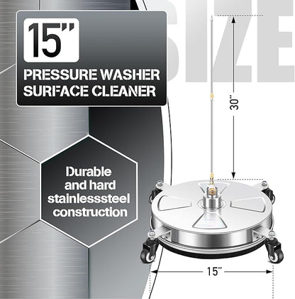 15" Pressure Washer Surface Cleaner with 4 Wheels - Stainless Steel Surface Cleaner for Pressure Washer Attachment for Concrete, Patio, Sidewalk, Deck, Driveways and Daily Washing - PWS 15
