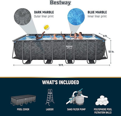 Bestway APX 365 18' x 9' x 52" Rectangular Above Ground Swimming Pool Outdoor Backyard Framed Pool Set with Sand Filter Pump, Ladder, and Cover, Gray