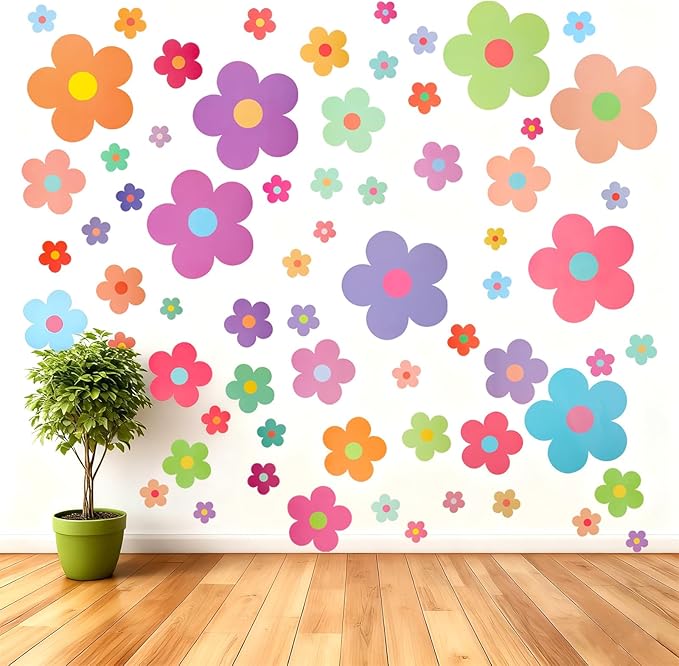 9 Sheets Colorful Daisy Wall Stickers, Removable Flowers Self-Adhesive Sticker, Cute PVC Floral Wall Decor, Aesthetic Gift for Girls Teen Nursery Bedroom Dorm Kindergarten