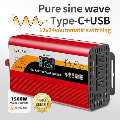 1500W Pure Sine Wave Inverter (3000W Peak), 12V/24V Auto-Detect, 50Hz/60Hz Switchable, LCD Display, Type-C Fast Charging, Silent Design, Overload & Overheat Protection for RV, Home (RED-1500W)