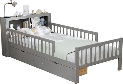 Wood Twin Size Platform Bed with Safety Fence for Kids Boys Girls, Platform Bed Frame with Practical Headboard and 2 Under-Bed Drawers, Sturdy Slats Support (Gray-3.15)
