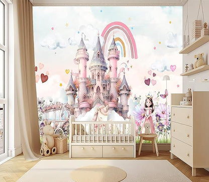 XMPMBM-Pink Cartoon Citadel Nursery Room Fabric Wallpaper Girls Bedroom Wall Mural-W 88" X H 59"（36 Square Foot）