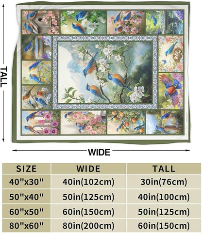 Blue Hummingbirds Blanket Moutain Flowers Bird Throw Blankets Gifts for Girls Boys Women Cozy Warm Soft Fuzzy Flannel Throw Plush Stuffed Animal Fleece Gifts for Kids Men Women for Sofa Bed 50" x60"