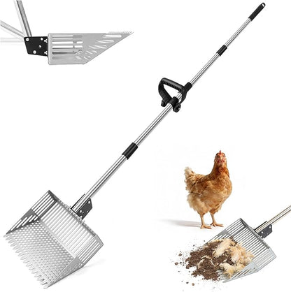 Adjustable Chicken Poop Scooper, 24-70" 4-in-1 Sifting Rake & Shovel, Stainless Steel Cleaner for Chicken Coop, Goat Stall, Rabbit Hutch, Pet Waste Small