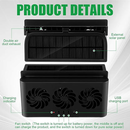 2 Pack Solar Powered Car Exhaust Fan 3 Fans Car Window Air Vent Radiator Solar Energy Cooling Vent Exhaust for General Types(Solar & Battery & USB 3 Fans,Black)