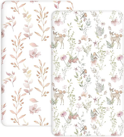 Pack and Play Sheets 2 Pack, Fitted Jersey Knit Mini Crib Sheets for Baby Boys and Girls, Compatible with Graco Pack N Play and Mini Crib Mattress (Floral Fawn, Pack N Play/Mini Crib Sheets)