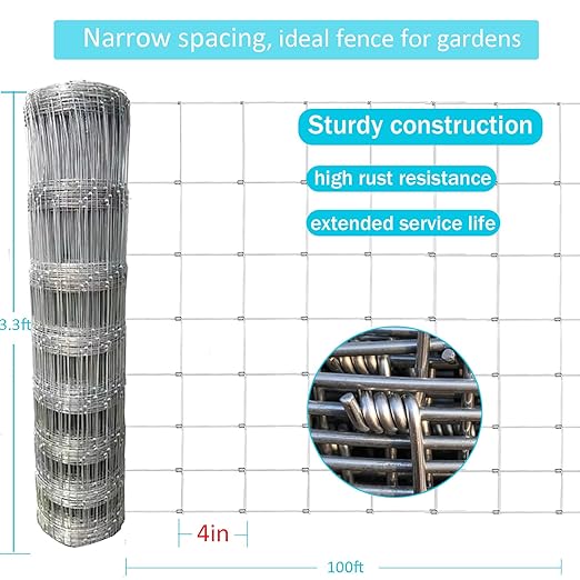 40in x 100ft Galvanized Wire Fence, Hog Goat Fencing Garden Fencing Roll, Heavy Zinc Coating Metal Wire Mesh for Yard Vegetable Plant Protection Poultry Netting