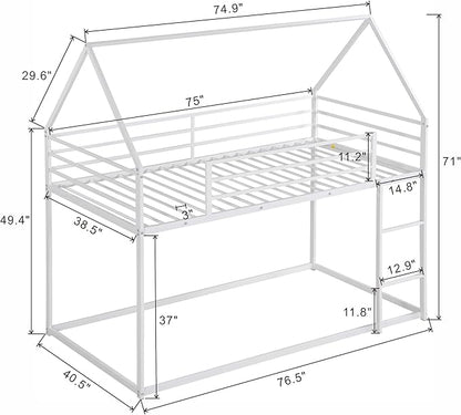 MERITLINE Metal Bunk Bed Twin Over Twin Size House Shaped Bunk Bed Frame Low Bunk Beds for Kids and Toddlers, Twin Size