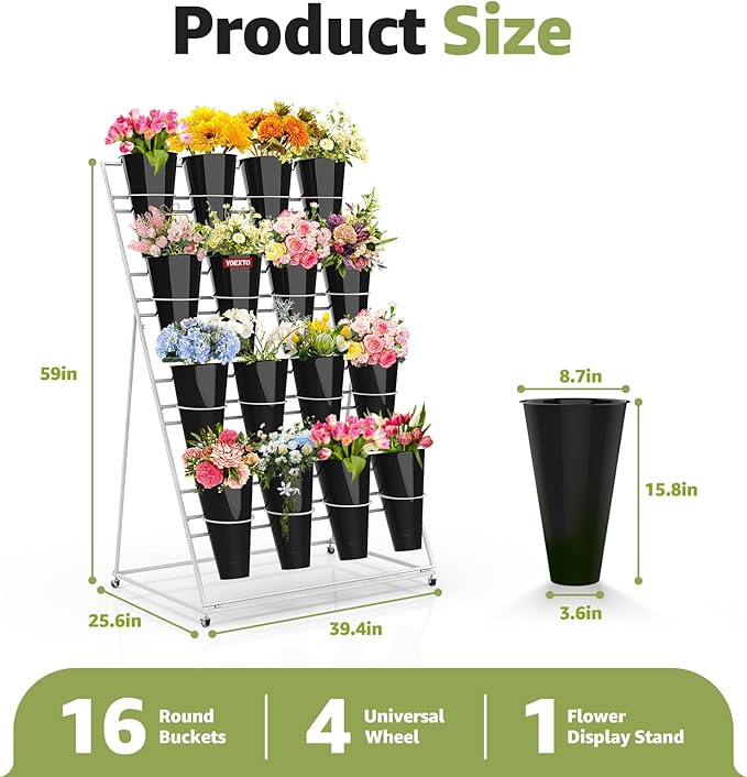 Flower Display Stand 4 Layers with 16 PCS Round Buckets, Plant Stand with Wheels, Movable Metal Plant Stand for Terrace Garden, Florist Shop