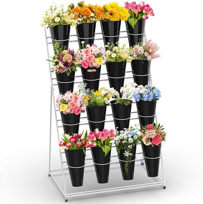 Flower Display Stand 4 Layers with 16 PCS Round Buckets, Plant Stand with Wheels, Movable Metal Plant Stand for Terrace Garden, Florist Shop