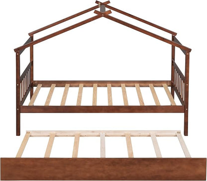 Merax Twin Size Wooden House Bed with Trundle, Wood Bed Frame with Roof for Kids, Teens, Boys or Girls, Walnut