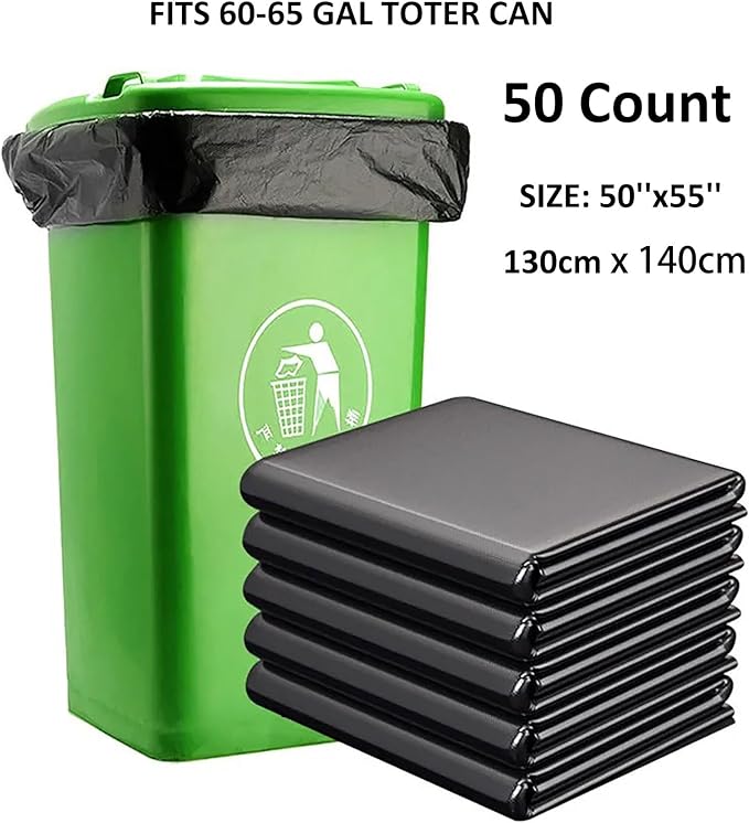 65 Gallon Trash Bags 1.8 Mil -50''x55'' Pack of 50 Thick Large Heavy Duty Multi-Use Garbage Bags Extra Large Strong Trash Can Liners for Office, Picnic,Kitchen, Bulk Bags (65 Gallon 50 Count)
