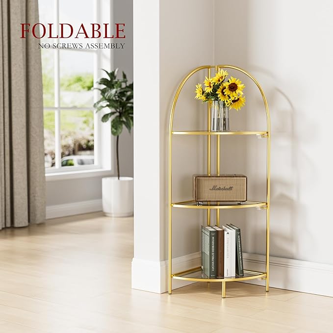 Crofy Foldable 3 Tier Corner Shelf, Metal Corner Plant Stand with Gold Frame and Transparent Shelves, Corner Display Rack Multipurpose Shelving Unit for Living Room, Bedroom, Bathroom