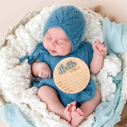 Newborn Announcement Sign, 15cm/5.9in Wooden Hello World Newborn Sign Birth Baby Name Plaques for Boys and Girls Baby Shower Photo Props or Hospital Nursery Decor (Blue)
