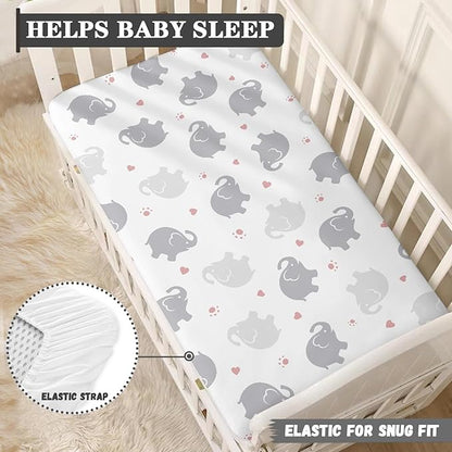 Elephant Fitted Crib Sheet for Boys Girls Watercolor Grey Elephants Baby Sheet for Standard Crib and Toddler Pink Paw Print and Heart Nursery Bed Mattress Sheets 28"x52"