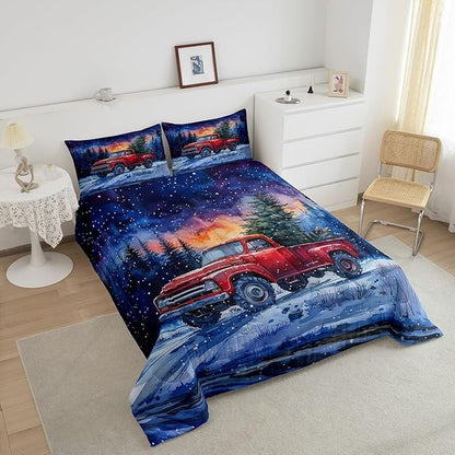 Red Truck Kids Comforter Set Twin Size,Christmas Tree Snowflake Bedding Set for Teens Boys Girls Room Decor,Woodland Nature Scenery Quilt Set 2Pcs,Merry Christmas Theme Duvet Insert,1 Pillowcase