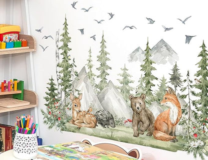 Large Jungle Animals Wall Decals Forest Tree Wall Decal Peel and Stick Woodland Bear Fox Deer Wall Stickers Giant Mountain Art for Bedroom Nursery Room MS230