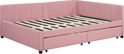 Harper & Bright Designs Full Size Upholstered Daybed with 2 Storage Drawers Sofa Bed Frame for Boys Girls Kids Adults Toddler No Box Spring Needed, Linen Fabric (Pink)