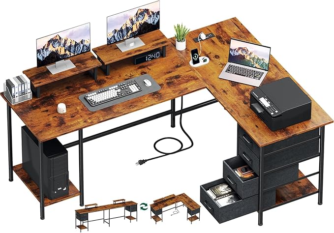 66" L Shaped Computer Desk with Power Outlets, Home Office Desk with 4 Adjustable Storage Drawers & 2 Monitor Stands, Large Two Person Gaming Table for Writing Study, Rustic Brown