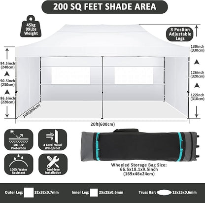 COBIZI 10x20 Pop Up Canopy with 6 Sidewall,Heavy Duty Canopy UPF 50+ All Season Wind Waterproof Commercial Outdoor Wedding Party Tents for Parties Canopy Gazebo with Roller Bag(10 x 20 ft White)