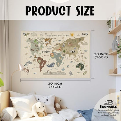 Wheatwin World Map for Kids, World Maps Banner for Playroom Wall 20x30, World Map Cute Wall Hanging Decor Banner Flag for Playroom Nursery Classroom Boys Girls Kids Room Prints