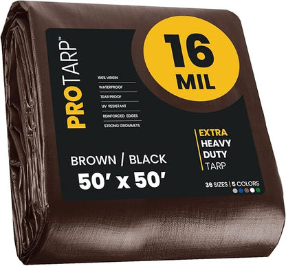 PROTARP Extra Heavy Duty 16 Mil Tarp Cover, Waterproof, UV Resistant, Rip and Tear Proof, Poly Tarpaulin with Reinforced Edges for Roof, Camping, Patio, Pool, Boat. (Brown/Black 50′ X 50′)
